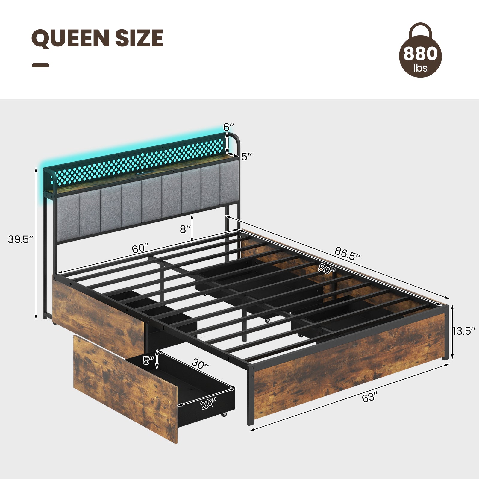 Twin/Full/Queen Bed Frame with LED Lights Upholstered Headboard and 4 Storage Drawers-Queen Size Simple Bed Frame at Gallery Canada