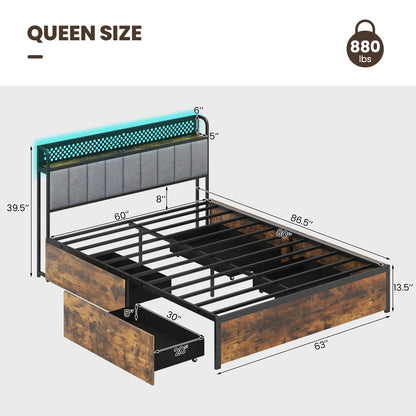 Twin/Full/Queen Bed Frame with LED Lights Upholstered Headboard and 4 Storage Drawers-Queen Size Simple Bed Frame at Gallery Canada