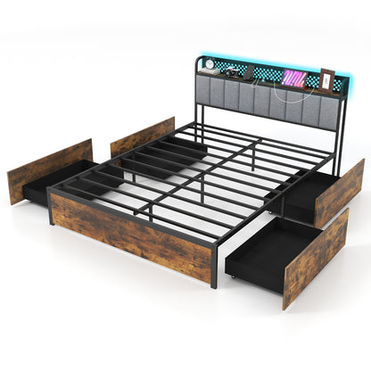 Cadre de lit Queen avec lumières LED, tête de lit rembourrée, 4 tiroirs de rangement