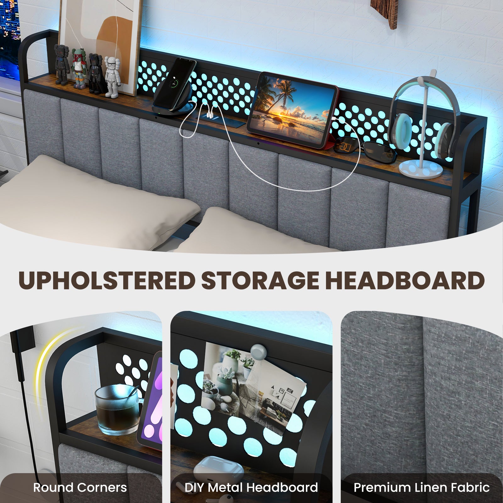 Twin/Full/Queen Bed Frame with LED Lights Upholstered Headboard and 4 Storage Drawers-Queen Size Simple Bed Frame at Gallery Canada