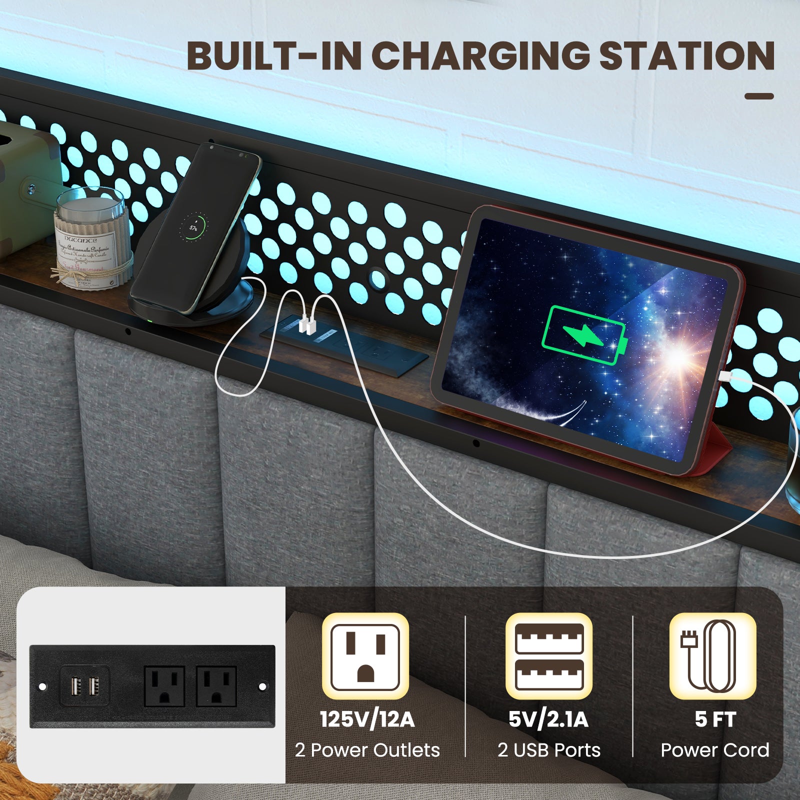 Twin/Full/Queen Bed Frame with LED Lights Upholstered Headboard and 4 Storage Drawers-Queen Size Simple Bed Frame at Gallery Canada