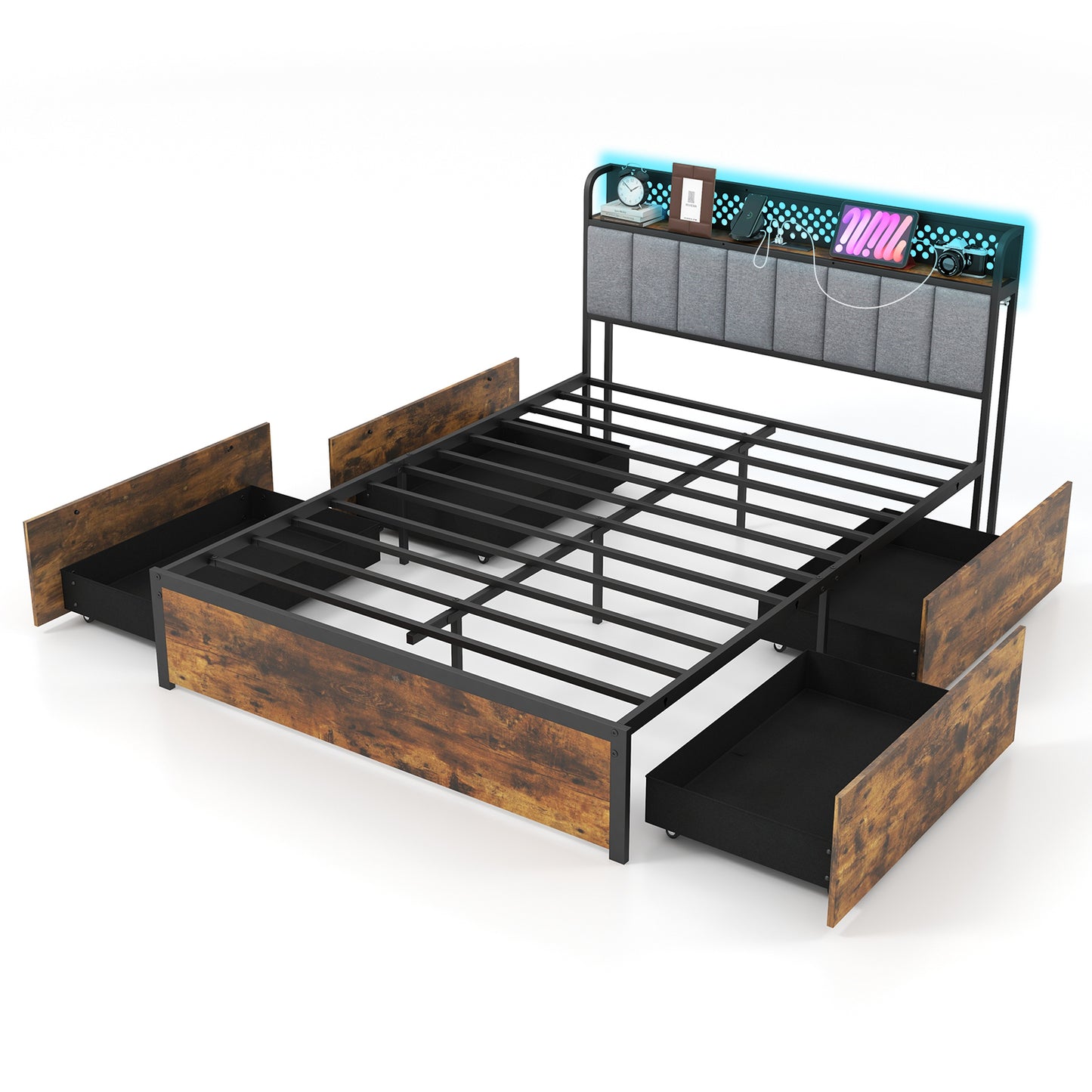 Cadre de lit double avec lumières LED, tête de lit rembourrée, 4 tiroirs de rangement