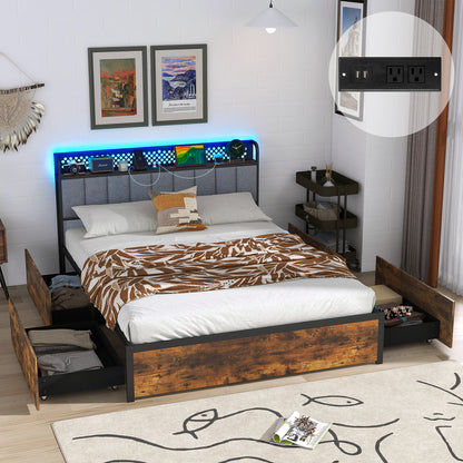 Twin/Full/Queen Bed Frame with LED Lights Upholstered Headboard and 4 Storage Drawers-Full Size Simple Bed Frame at Gallery Canada