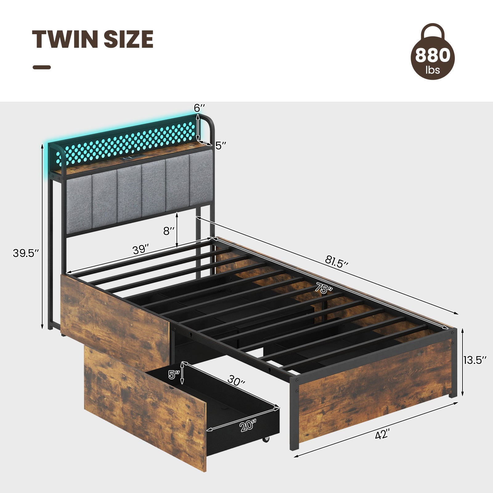 Twin/Full/Queen Bed Frame with LED Lights Upholstered Headboard and 4 Storage Drawers-Twin size Simple Bed Frame at Gallery Canada