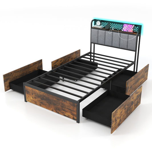 Twin Bed Frame With LED Lights, Upholstered Headboard, 4 Storage Drawers Simple Bed Frame Options at Gallery Canada