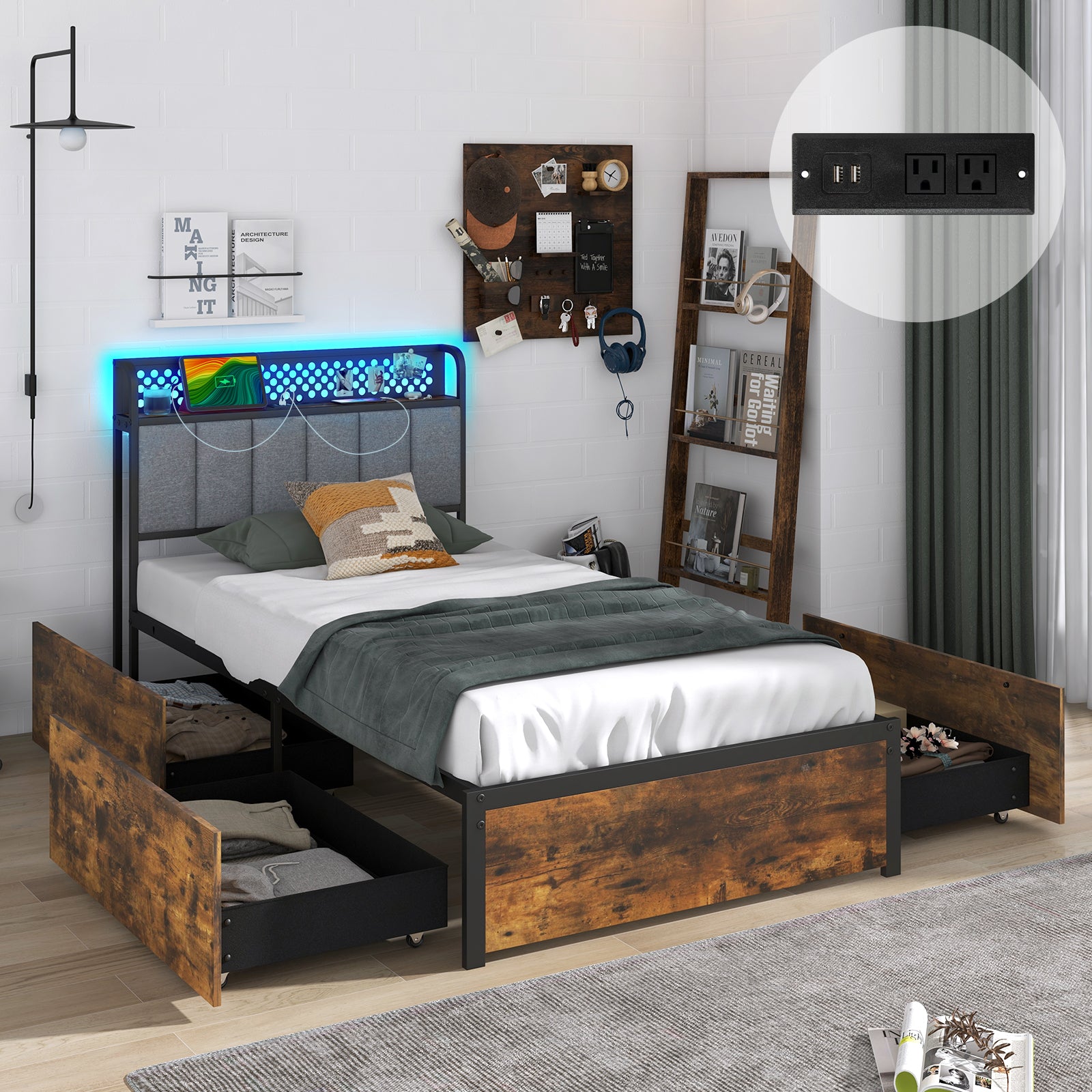 Twin/Full/Queen Bed Frame with LED Lights Upholstered Headboard and 4 Storage Drawers-Twin size Simple Bed Frame at Gallery Canada