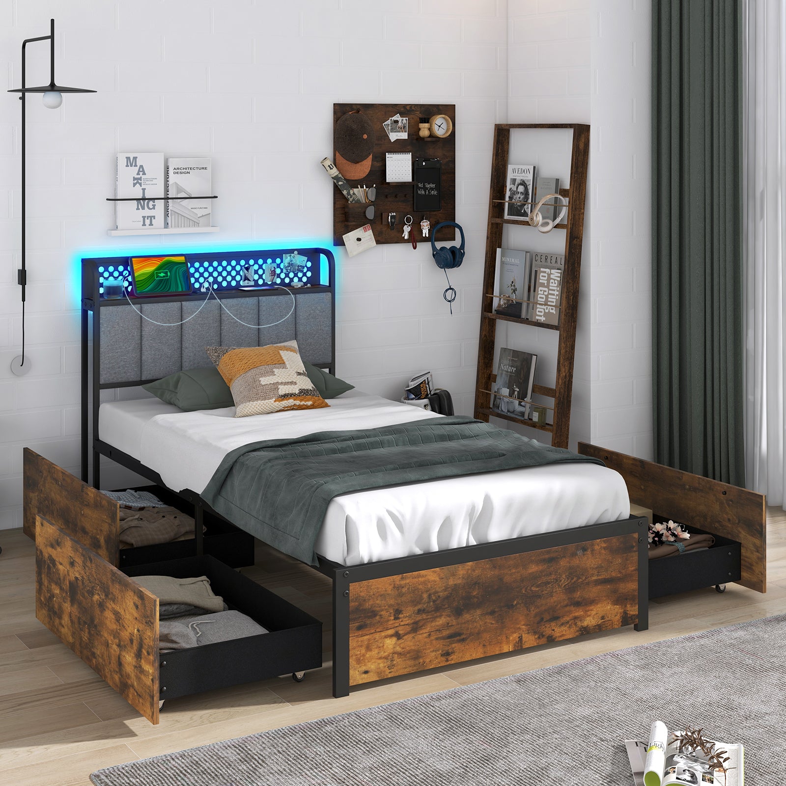 Twin/Full/Queen Bed Frame with LED Lights Upholstered Headboard and 4 Storage Drawers-Twin size Simple Bed Frame at Gallery Canada