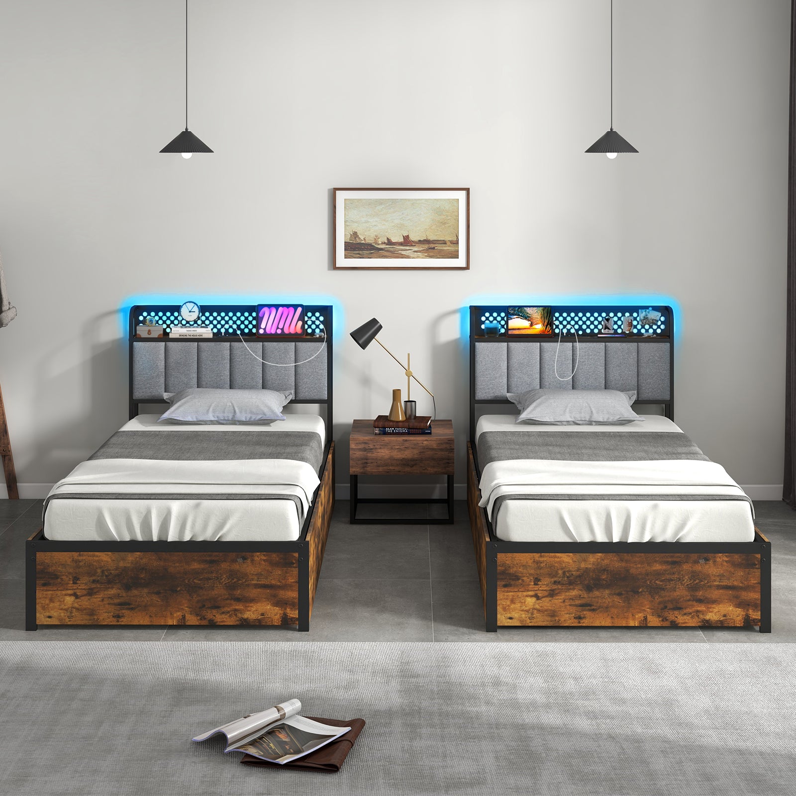 Twin/Full/Queen Bed Frame with LED Lights Upholstered Headboard and 4 Storage Drawers-Twin size Simple Bed Frame at Gallery Canada