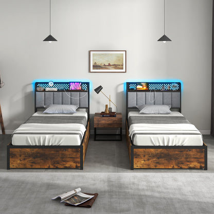 Twin/Full/Queen Bed Frame with LED Lights Upholstered Headboard and 4 Storage Drawers-Twin size Simple Bed Frame at Gallery Canada