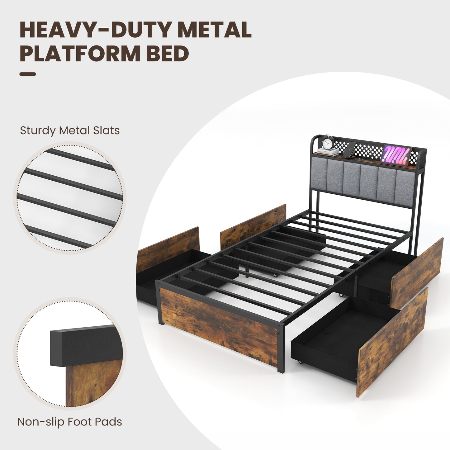 Twin/Full/Queen Bed Frame with LED Lights Upholstered Headboard and 4 Storage Drawers-Twin size Simple Bed Frame at Gallery Canada