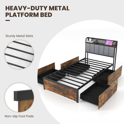 Twin/Full/Queen Bed Frame with LED Lights Upholstered Headboard and 4 Storage Drawers-Twin size Simple Bed Frame at Gallery Canada
