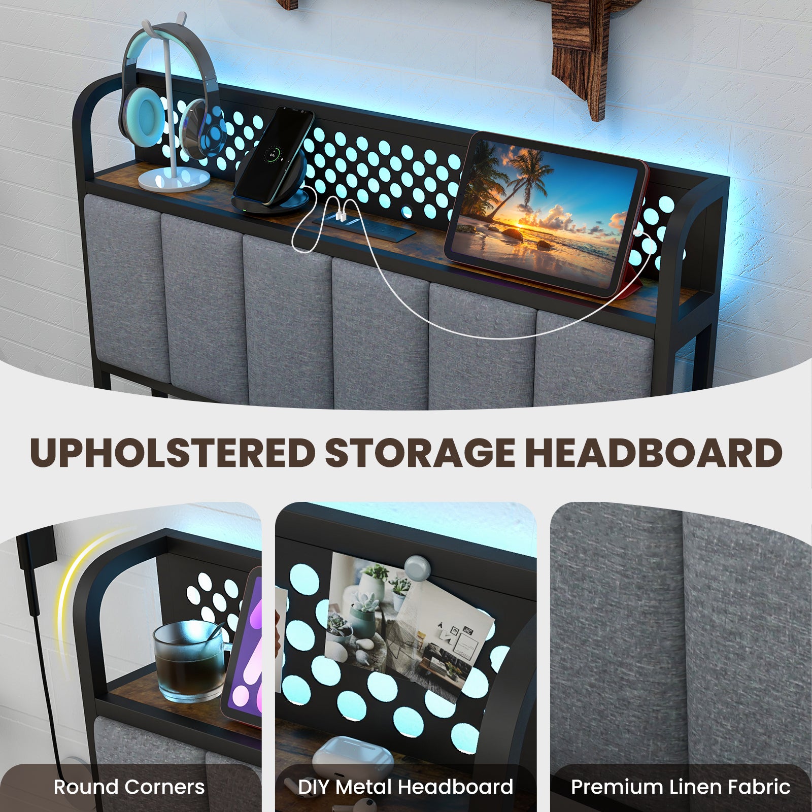 Twin/Full/Queen Bed Frame with LED Lights Upholstered Headboard and 4 Storage Drawers-Twin size Simple Bed Frame at Gallery Canada