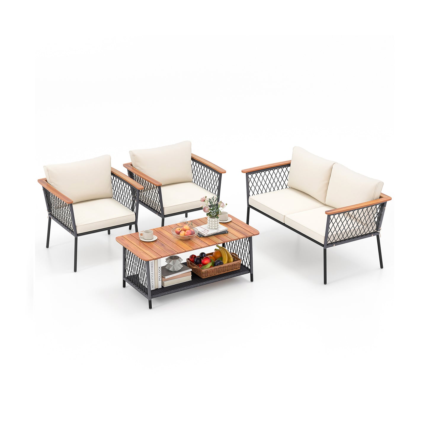 4 Piece Patio Rattan Furniture Set with 2-Tier Coffee Table, White Patio Conversation Sets at Gallery Canada