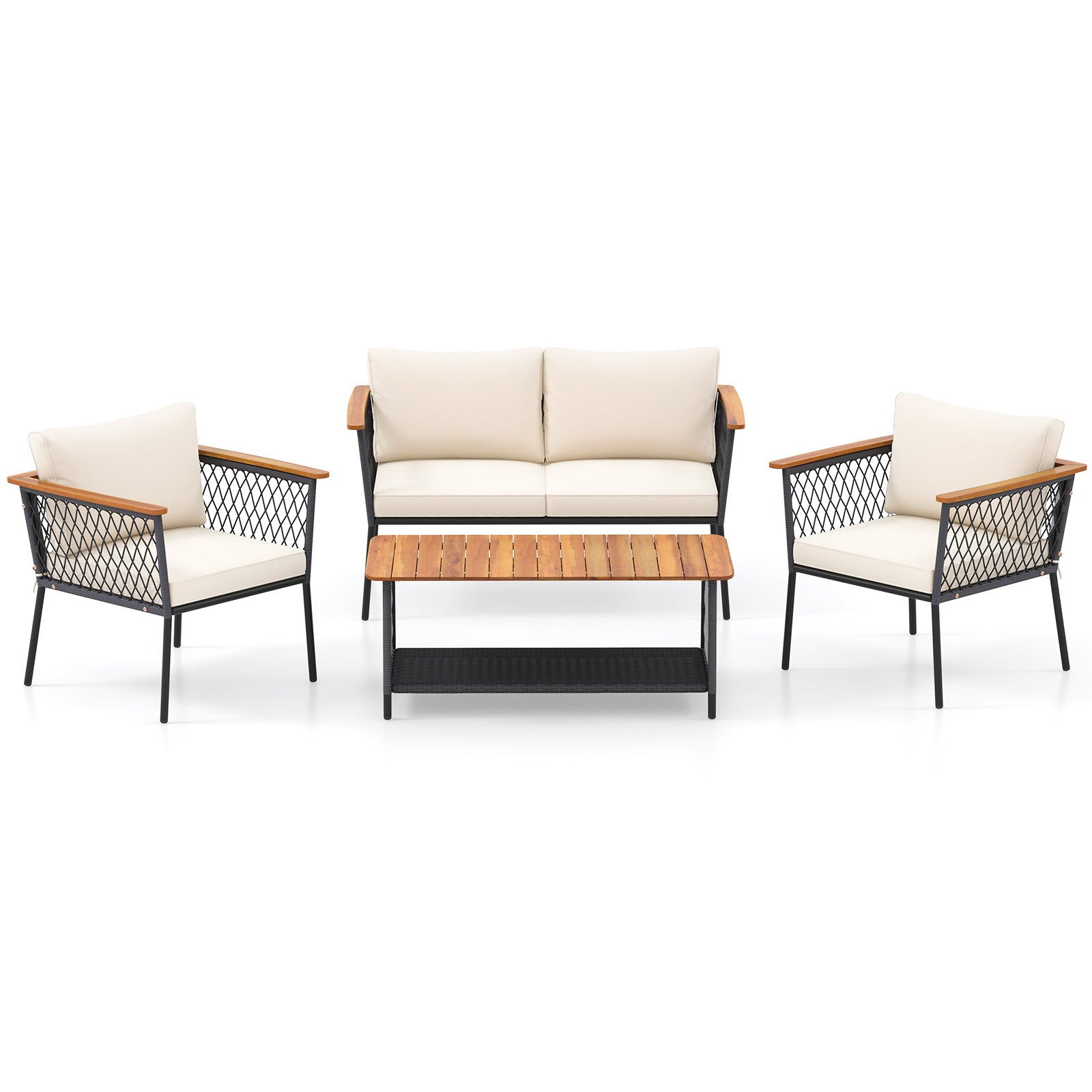 4 Piece Patio Rattan Furniture Set with 2-Tier Coffee Table, White Patio Conversation Sets at Gallery Canada