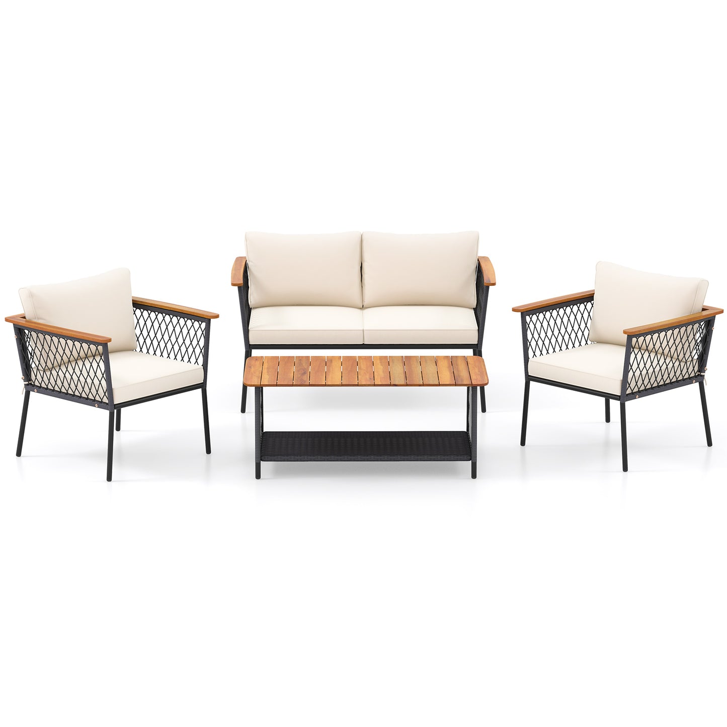 4 Piece Patio Rattan Furniture Set with 2-Tier Coffee Table, White Patio Conversation Sets at Gallery Canada