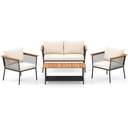 4 Piece Patio Rattan Furniture Set with 2-Tier Coffee Table, White Patio Conversation Sets at Gallery Canada