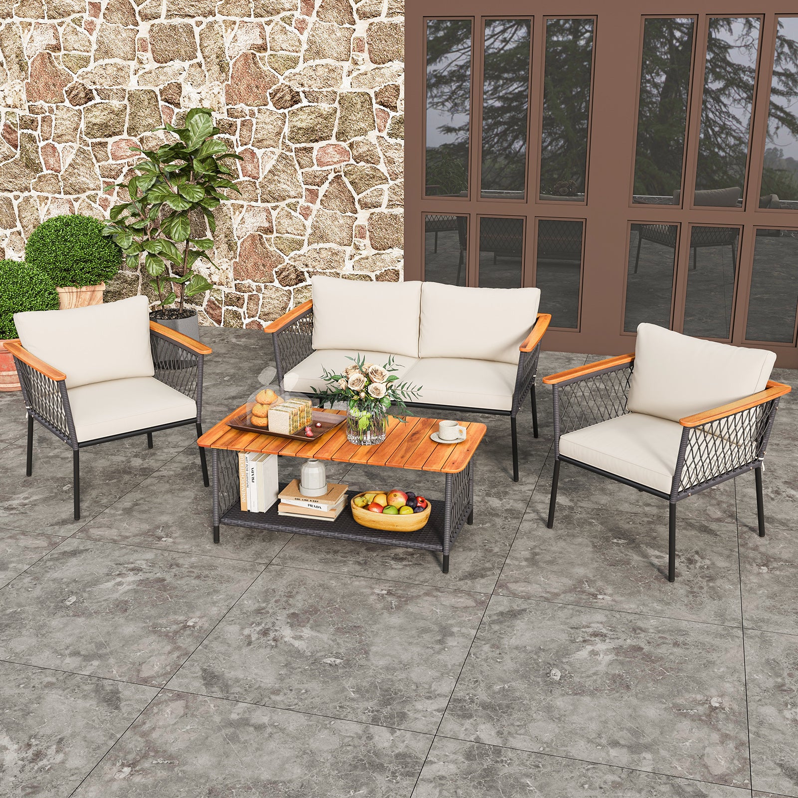 4 Piece Patio Rattan Furniture Set with 2-Tier Coffee Table, White Patio Conversation Sets at Gallery Canada