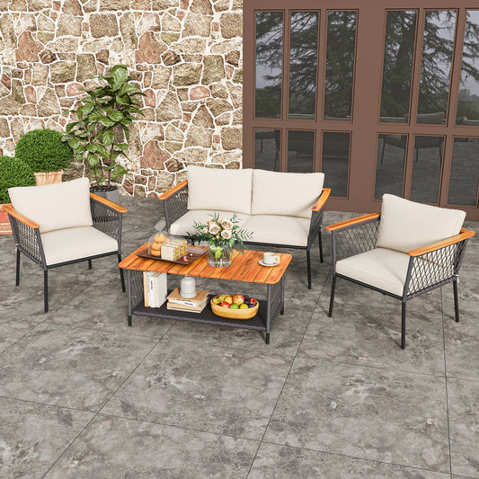 4 Piece Patio Rattan Furniture Set with 2-Tier Coffee Table, White Patio Conversation Sets White at Gallery Canada