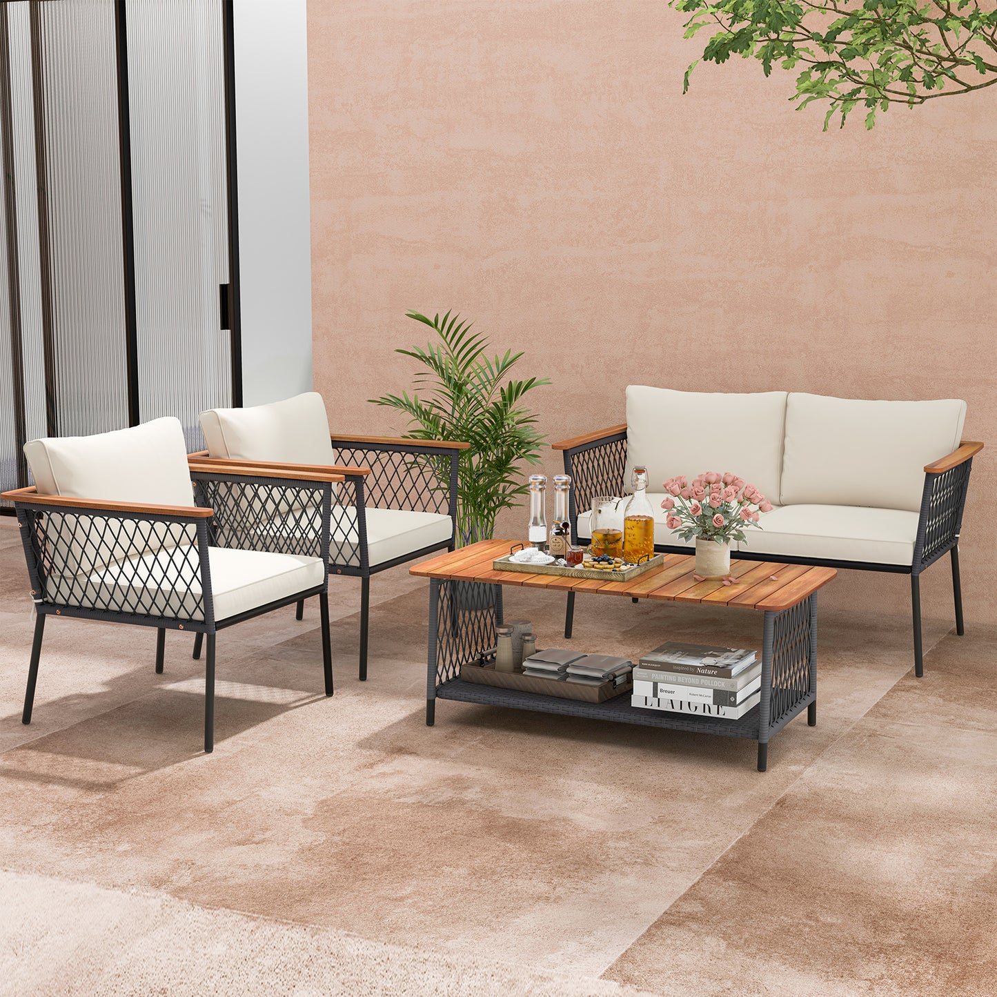 4 Piece Patio Rattan Furniture Set with 2-Tier Coffee Table, White Patio Conversation Sets at Gallery Canada