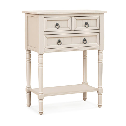 Narrow Console Table, 3 Drawers, Open Shelf, Beige