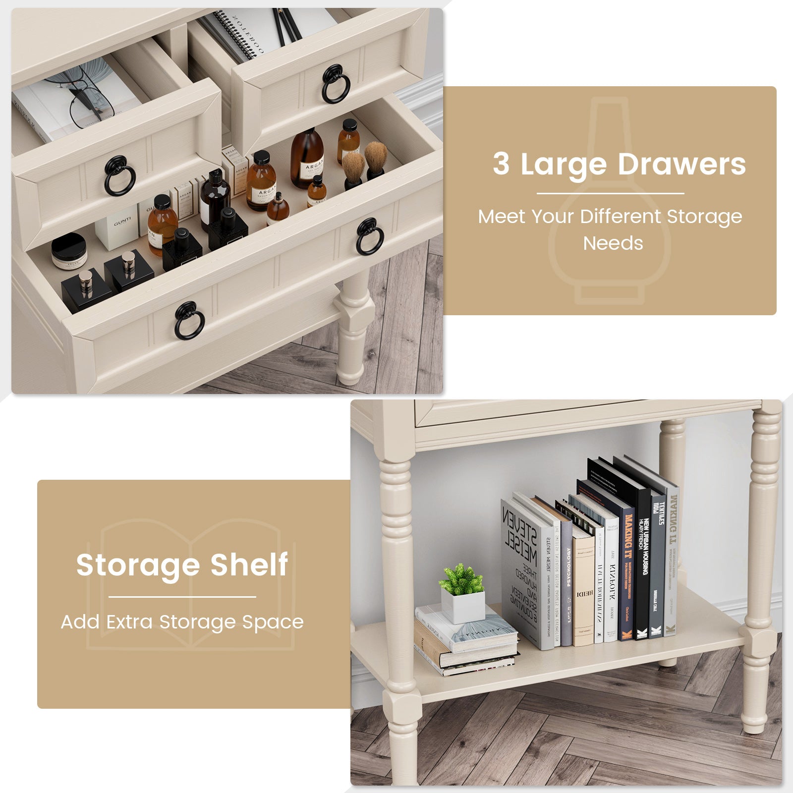 Narrow Console Table with 3 Storage Drawers and Open Bottom Shelf, Beige Console Tables at Gallery Canada