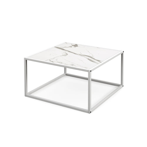 Modern Glass Square Coffee Table with Metal Frame for Living Room, White
