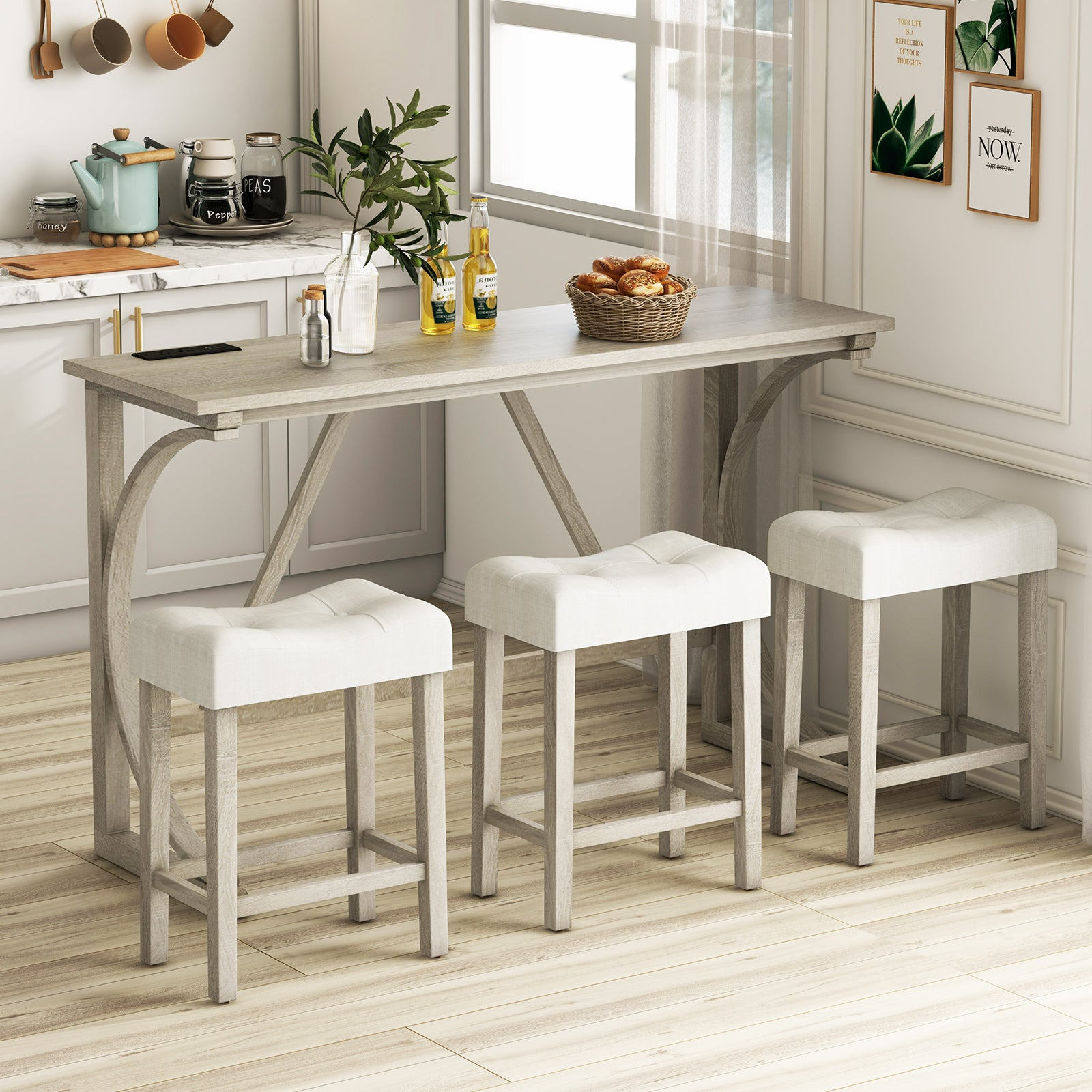 4-Piece Bar Table Set with Power Outlet and Upholstered Saddle Seat Stools-Grey and Beige, Beige & Gray Dining Room Sets at Gallery Canada