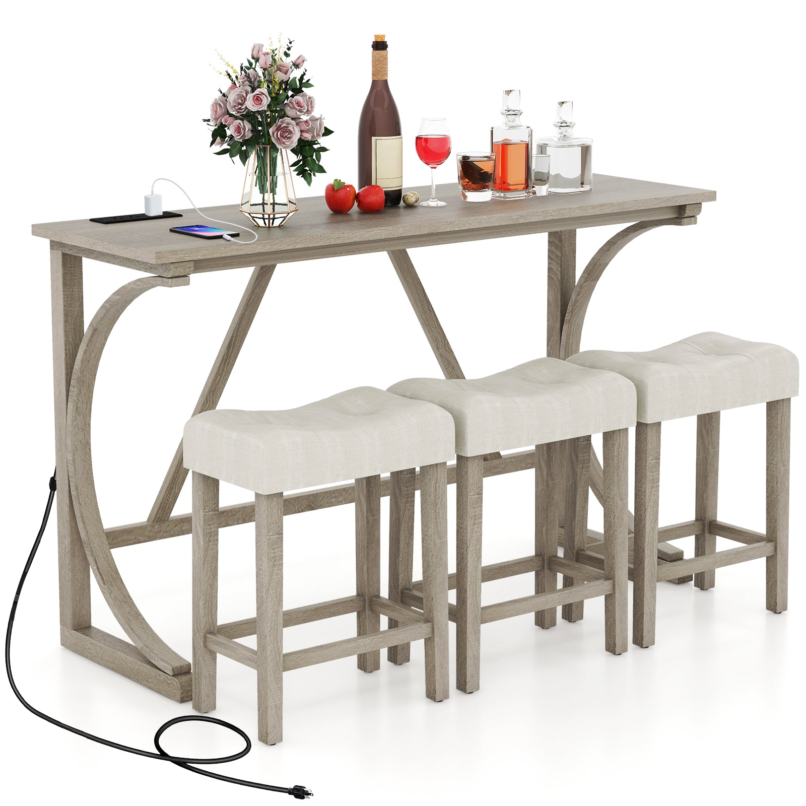 4-Piece Bar Table Set with Power Outlet and Upholstered Saddle Seat Stools-Grey and Beige, Beige & Gray Dining Room Sets at Gallery Canada