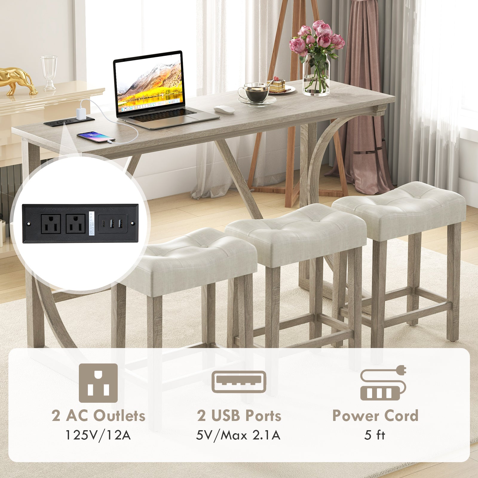 4-Piece Bar Table Set with Power Outlet and Upholstered Saddle Seat Stools-Grey and Beige, Beige & Gray Dining Room Sets at Gallery Canada