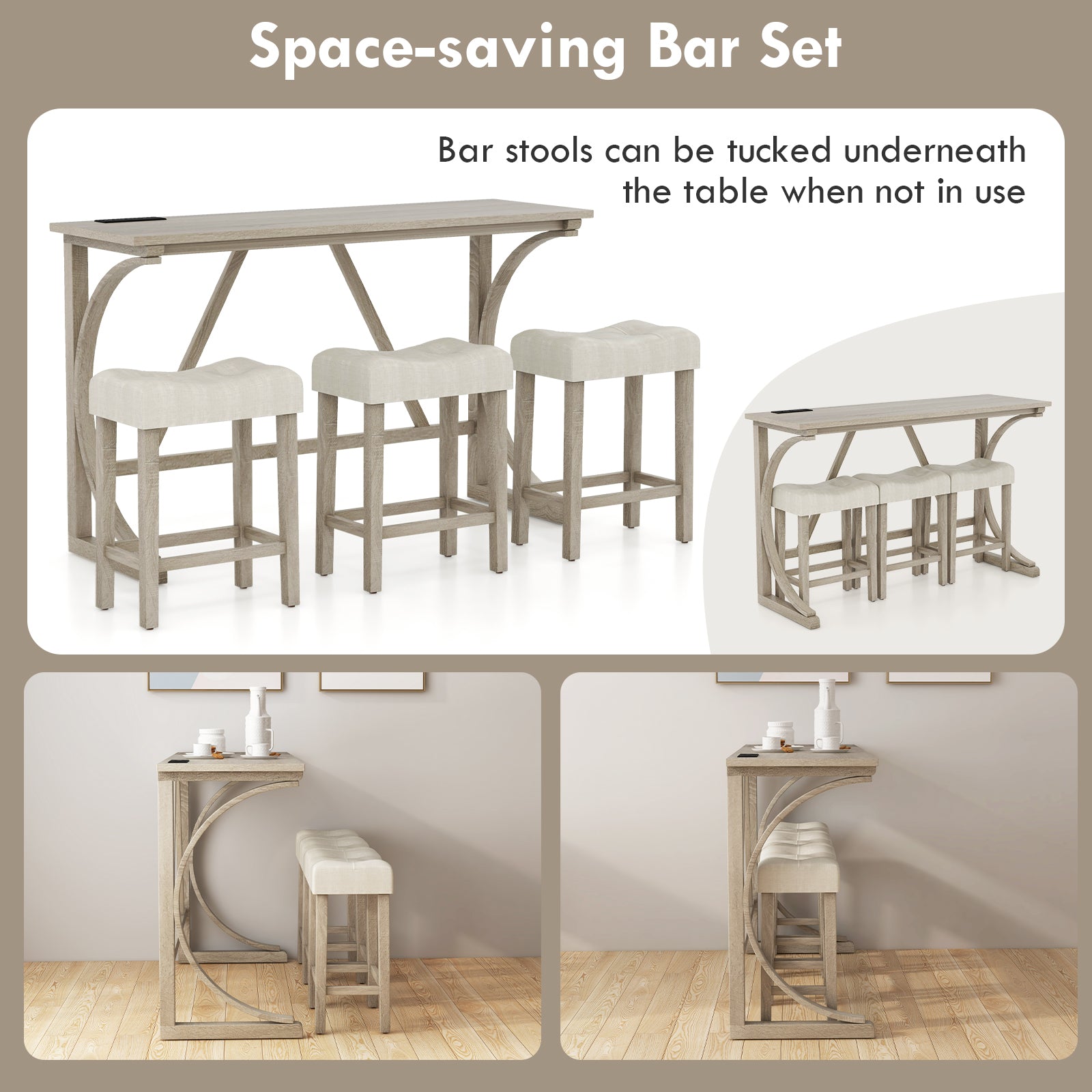 4-Piece Bar Table Set with Power Outlet and Upholstered Saddle Seat Stools-Grey and Beige, Beige & Gray Dining Room Sets at Gallery Canada