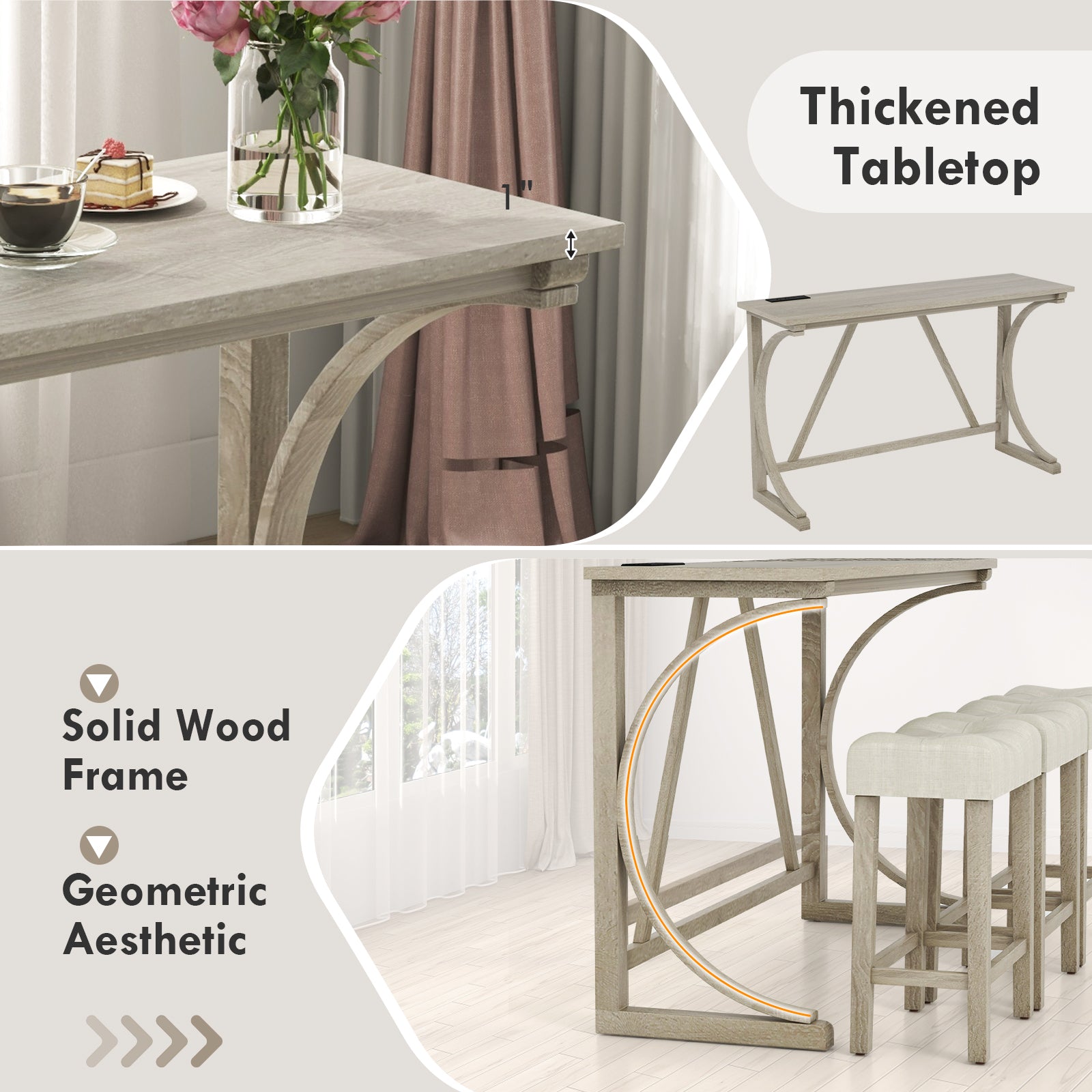 4-Piece Bar Table Set with Power Outlet and Upholstered Saddle Seat Stools-Grey and Beige, Beige & Gray Dining Room Sets at Gallery Canada