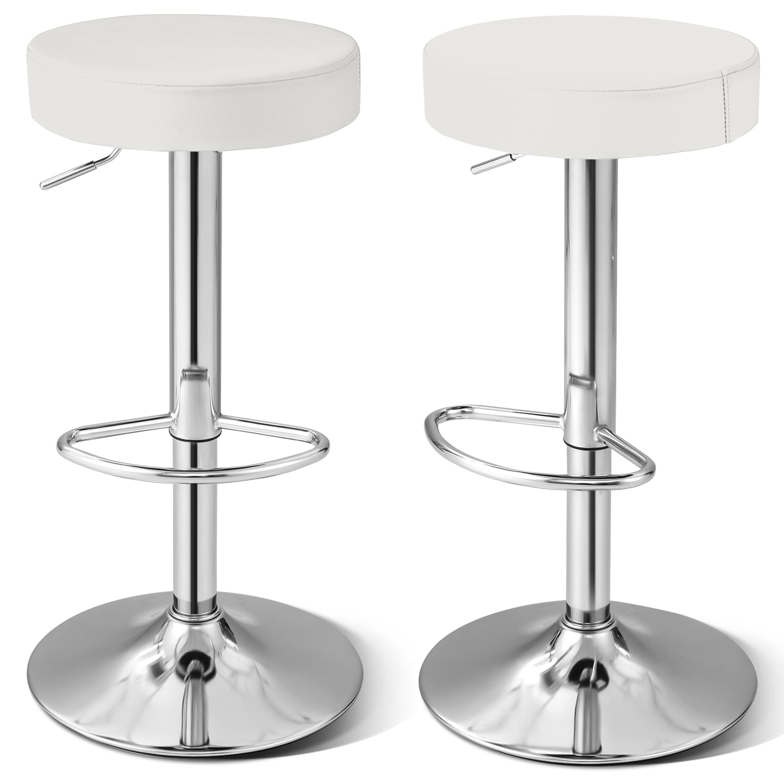Adjustable Round PU Leather Swivel Barstool, Set of 2, Chrome Footrest, White Bar Stools White at Gallery Canada
