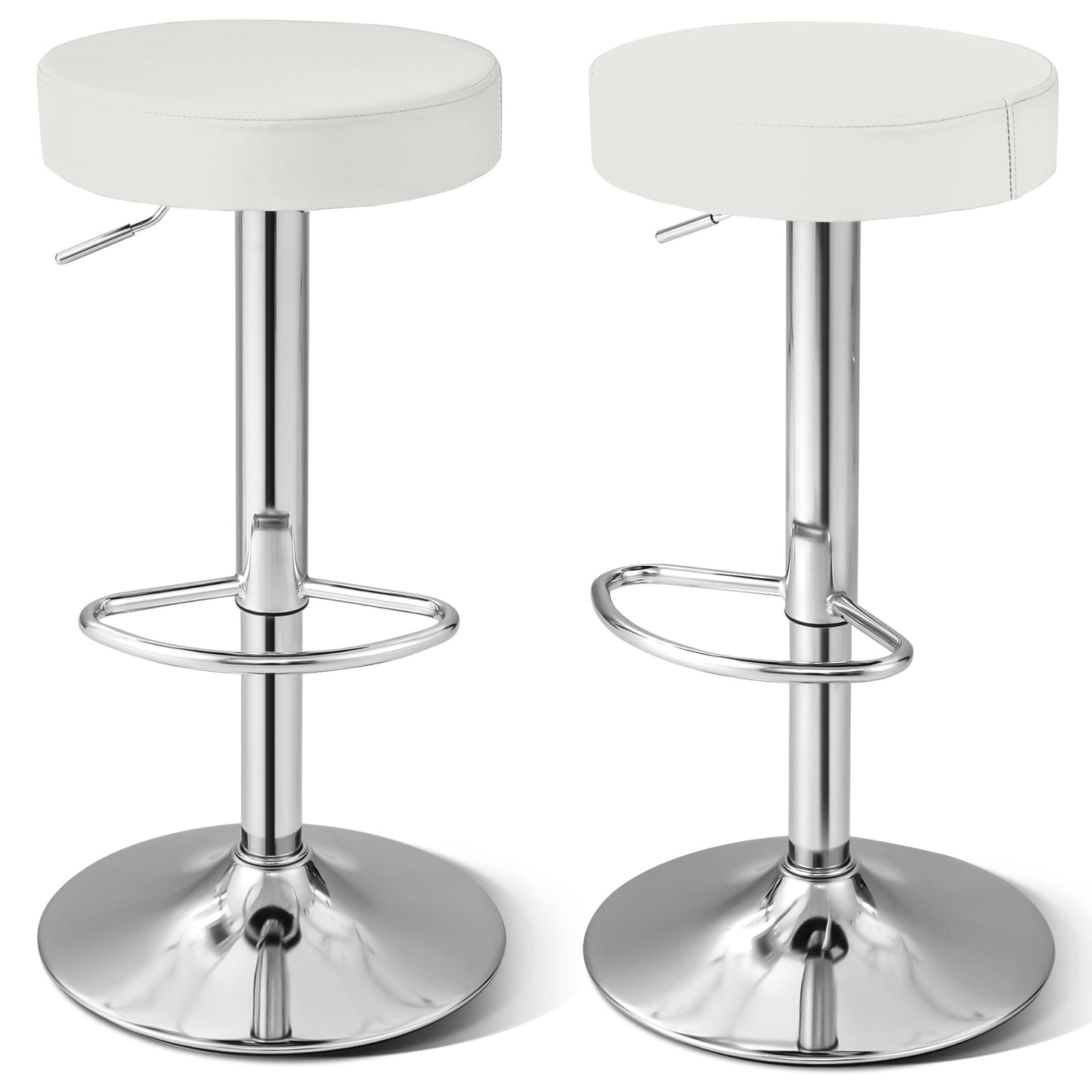 Adjustable Round PU Leather Swivel Barstool, Set of 2, Chrome Footrest, White Bar Stools White at Gallery Canada