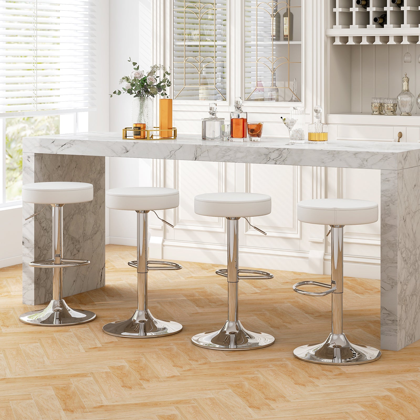 Set of 2 Adjustable Round PU Leather Swivel Barstool with Chrome Footrest, White Bar Stools at Gallery Canada