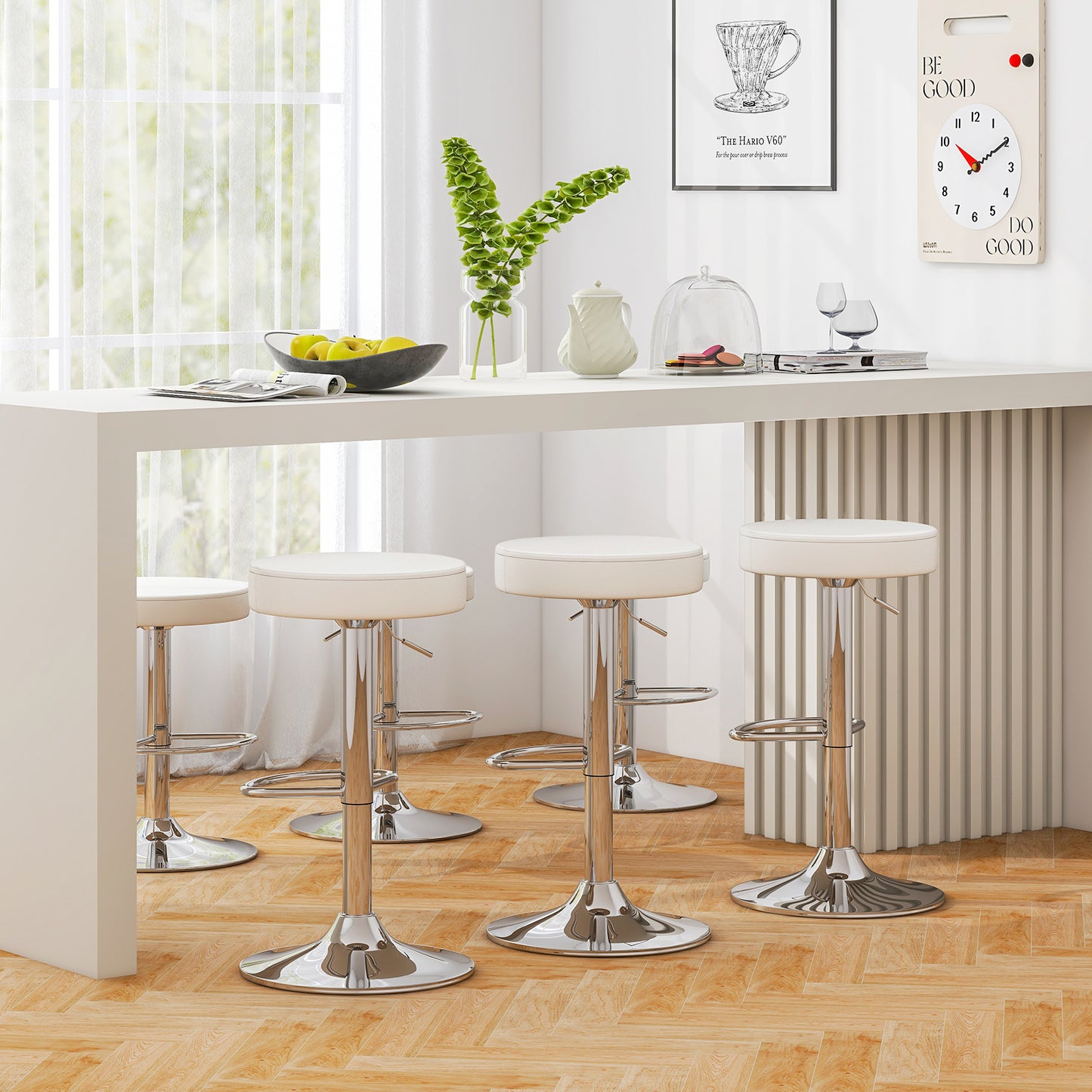 Set of 2 Adjustable Round PU Leather Swivel Barstool with Chrome Footrest, White Bar Stools at Gallery Canada