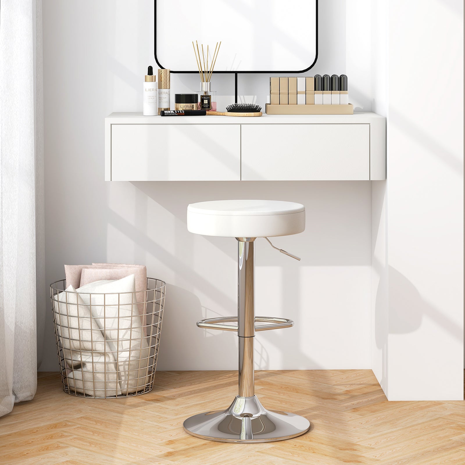 Set of 2 Adjustable Round PU Leather Swivel Barstool with Chrome Footrest, White Bar Stools at Gallery Canada