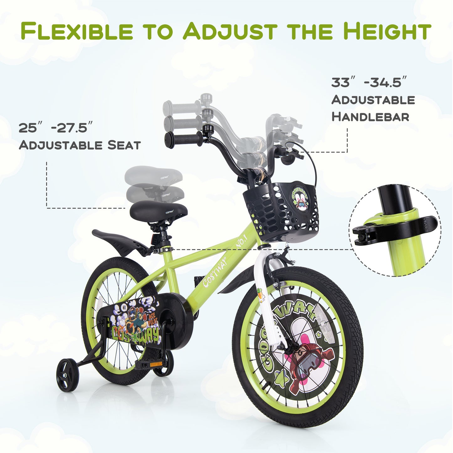 18 Inch Kids Bike Adjustable with Detachable Training Wheels for 4-8 Years Old-18 inches, Green Kids Bike at Gallery Canada