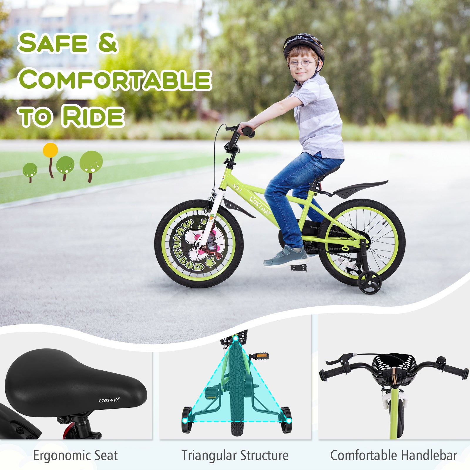 18 Inch Kids Bike Adjustable with Detachable Training Wheels for 4-8 Years Old-18 inches, Green Kids Bike at Gallery Canada