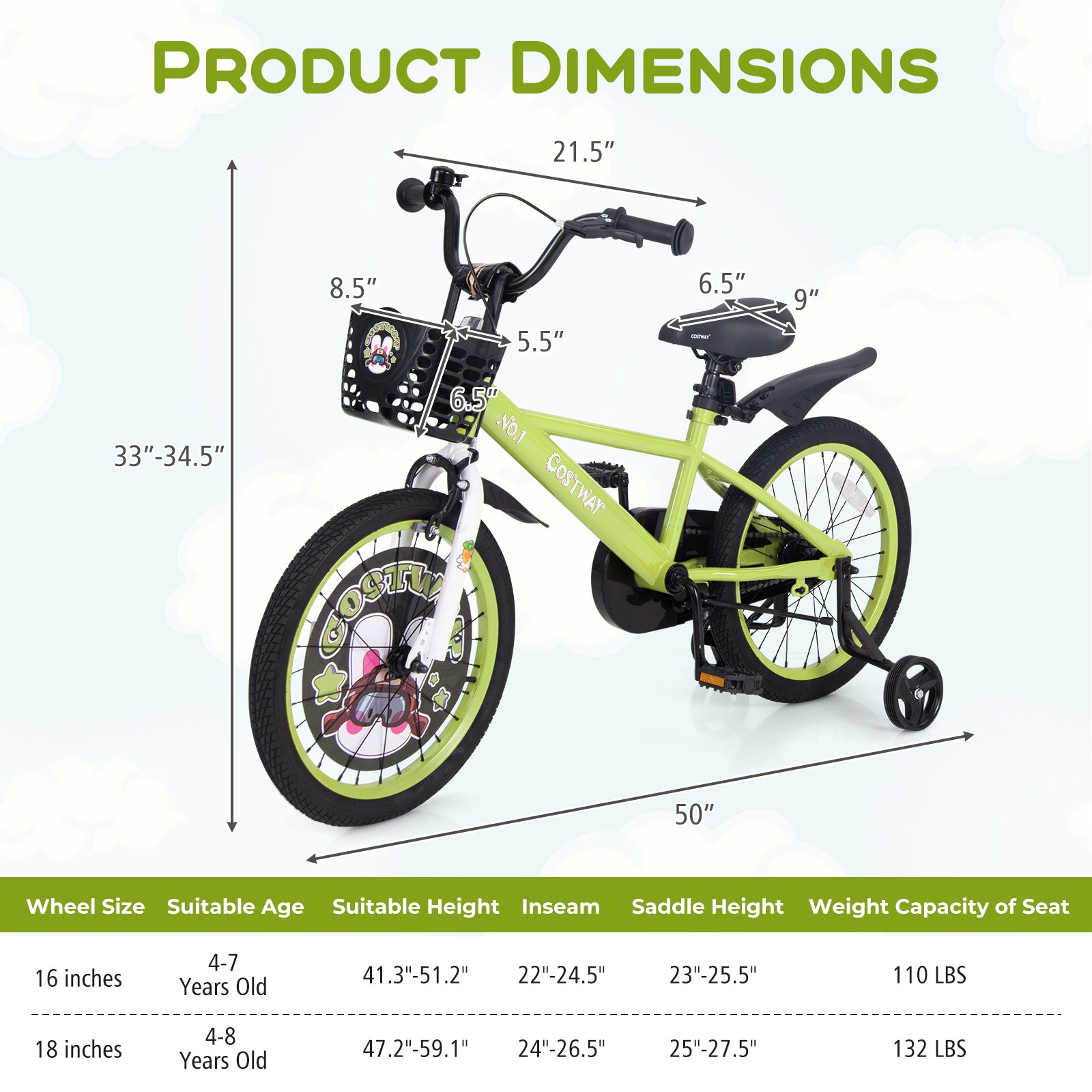 18 Inch Kids Bike Adjustable with Detachable Training Wheels for 4-8 Years Old-18 inches, Green Kids Bike at Gallery Canada