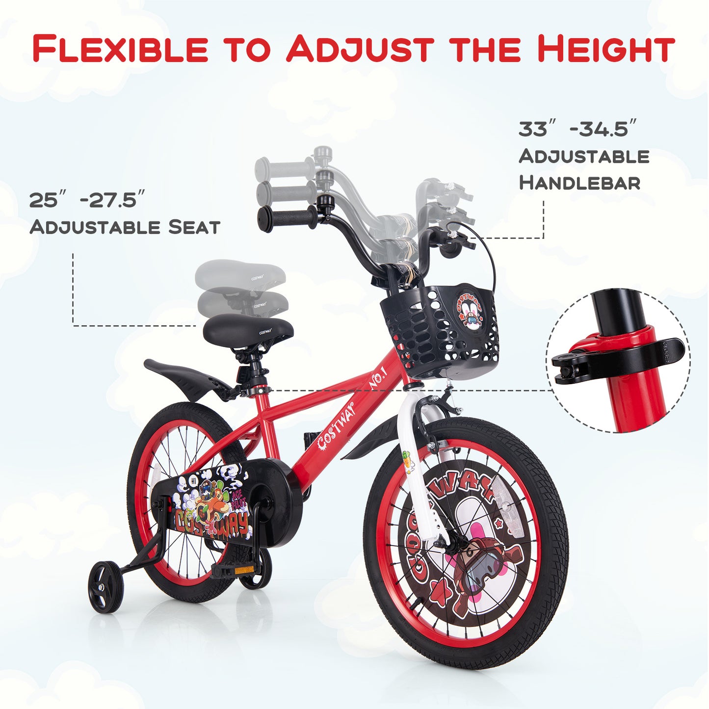 18 Inch Kids Bike Adjustable with Storage Basket and Double Brake for 4-8 Years Old-18 inches, Red Kids Bike at Gallery Canada