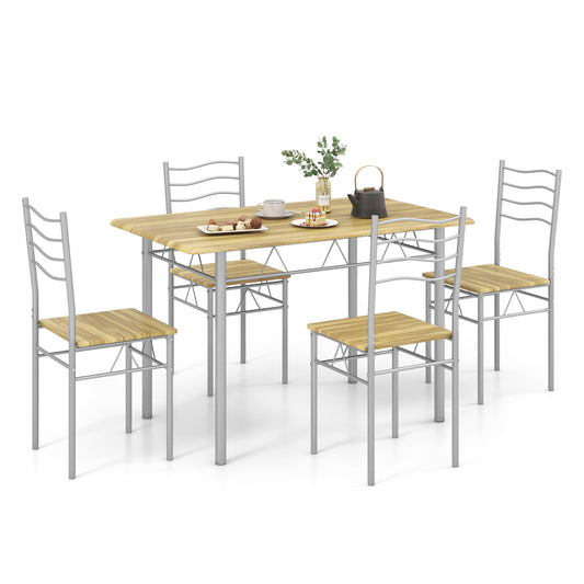 5 Pieces Wood Metal Dining Table Set with 4 Chairs, Walnut Dining Room Sets Walnut at Gallery Canada