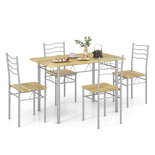 5 Pieces Wood Metal Dining Table Set with 4 Chairs, Walnut