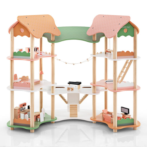 3-Tier Wooden Dollhouse, 32 Accessories, Multicolor