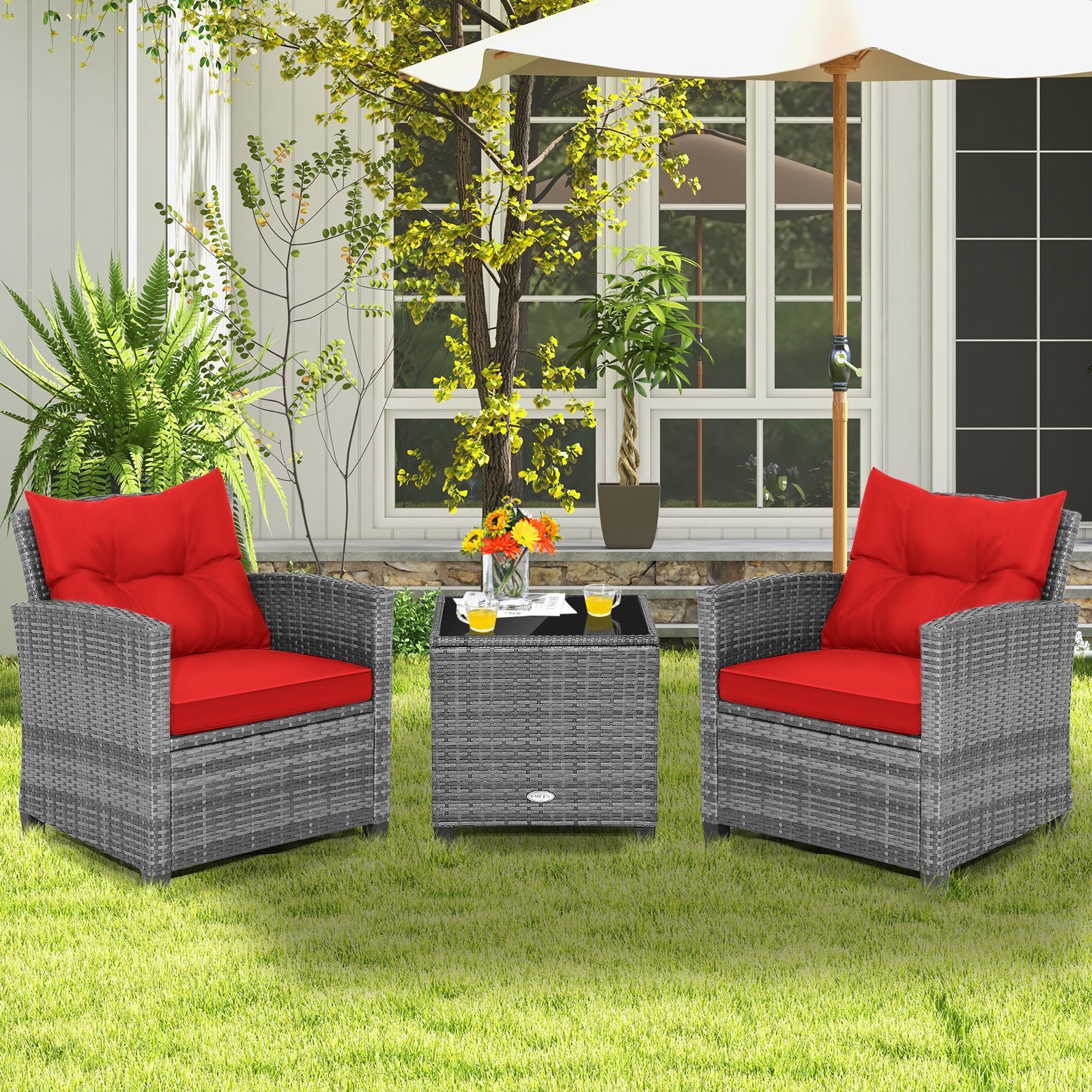 3 Pieces Outdoor Wicker Conversation Set with Tempered Glass Tabletop, Red Patio Conversation Sets at Gallery Canada