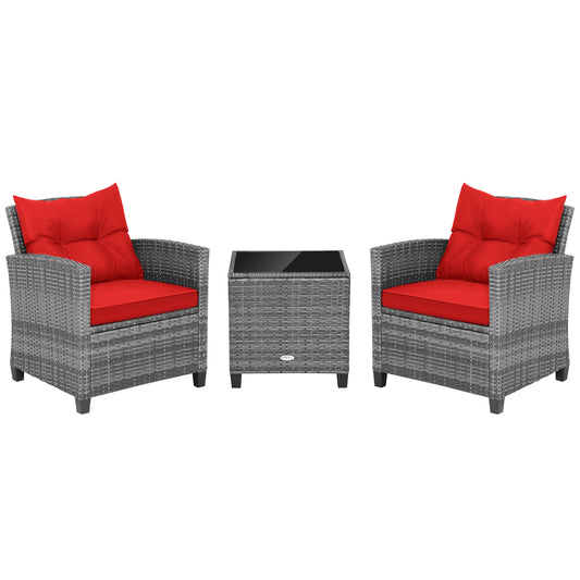 3 Piece Outdoor Wicker Conversation Set, Tempered Glass Tabletop, Red