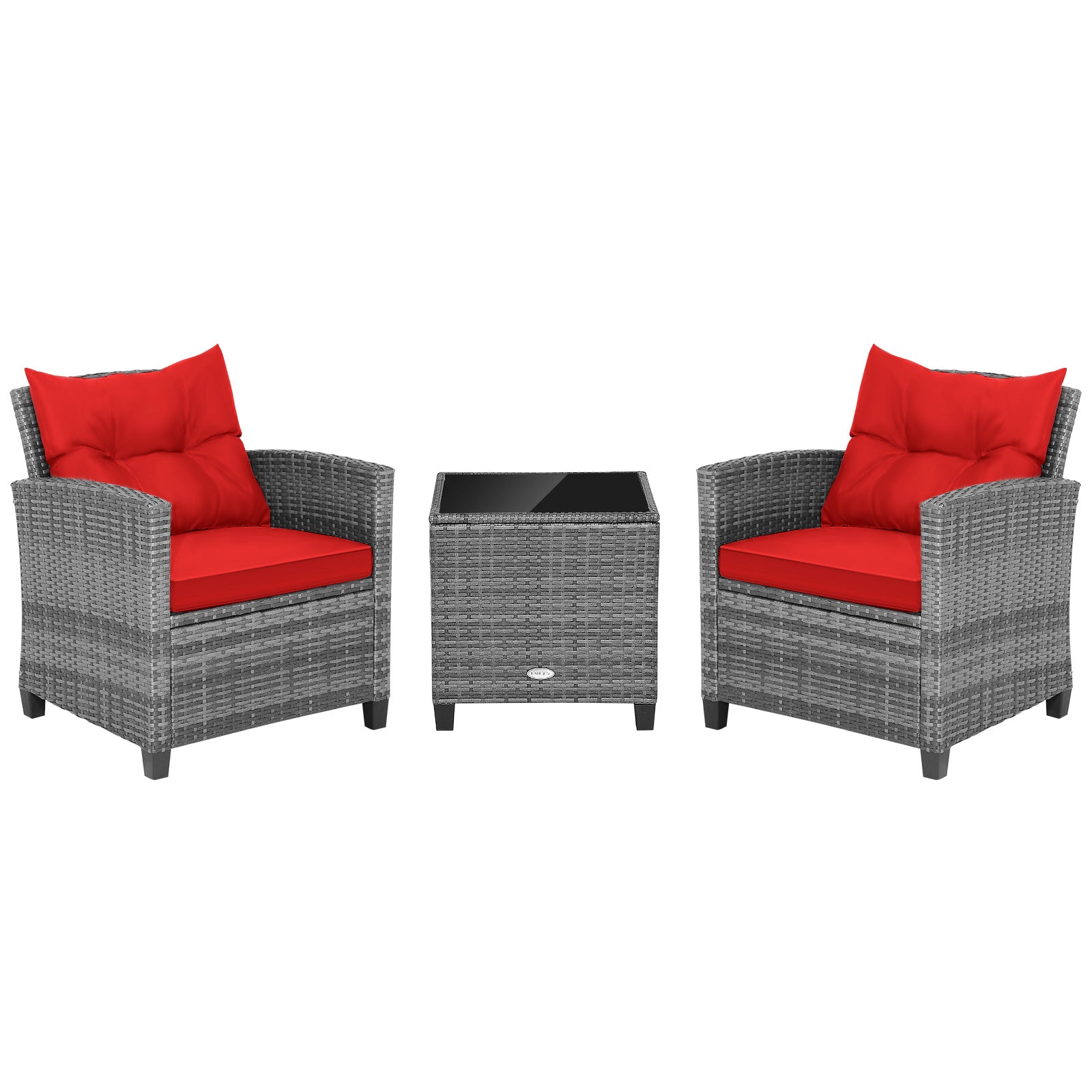 3 Pieces Outdoor Wicker Conversation Set with Tempered Glass Tabletop, Red Patio Conversation Sets Red at Gallery Canada