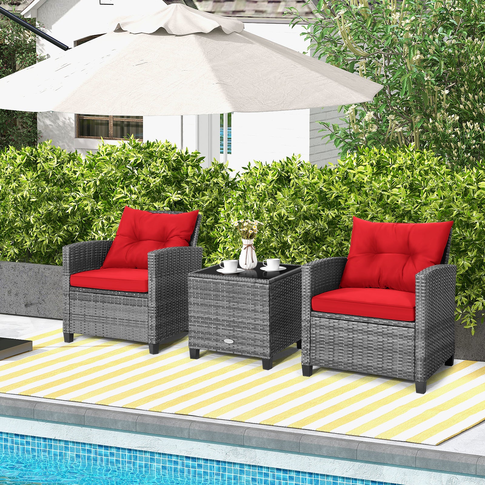 3 Pieces Outdoor Wicker Conversation Set with Tempered Glass Tabletop, Red Patio Conversation Sets at Gallery Canada