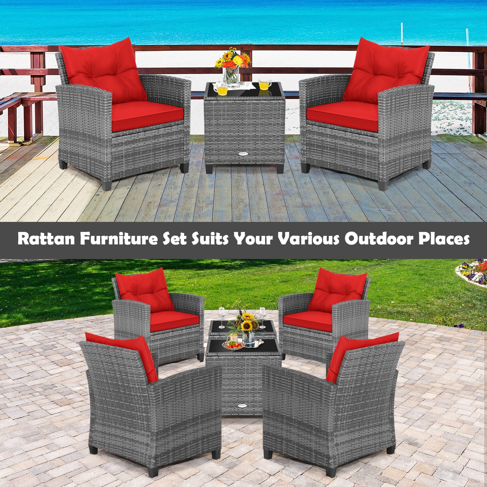 3 Pieces Outdoor Wicker Conversation Set with Tempered Glass Tabletop, Red Patio Conversation Sets at Gallery Canada