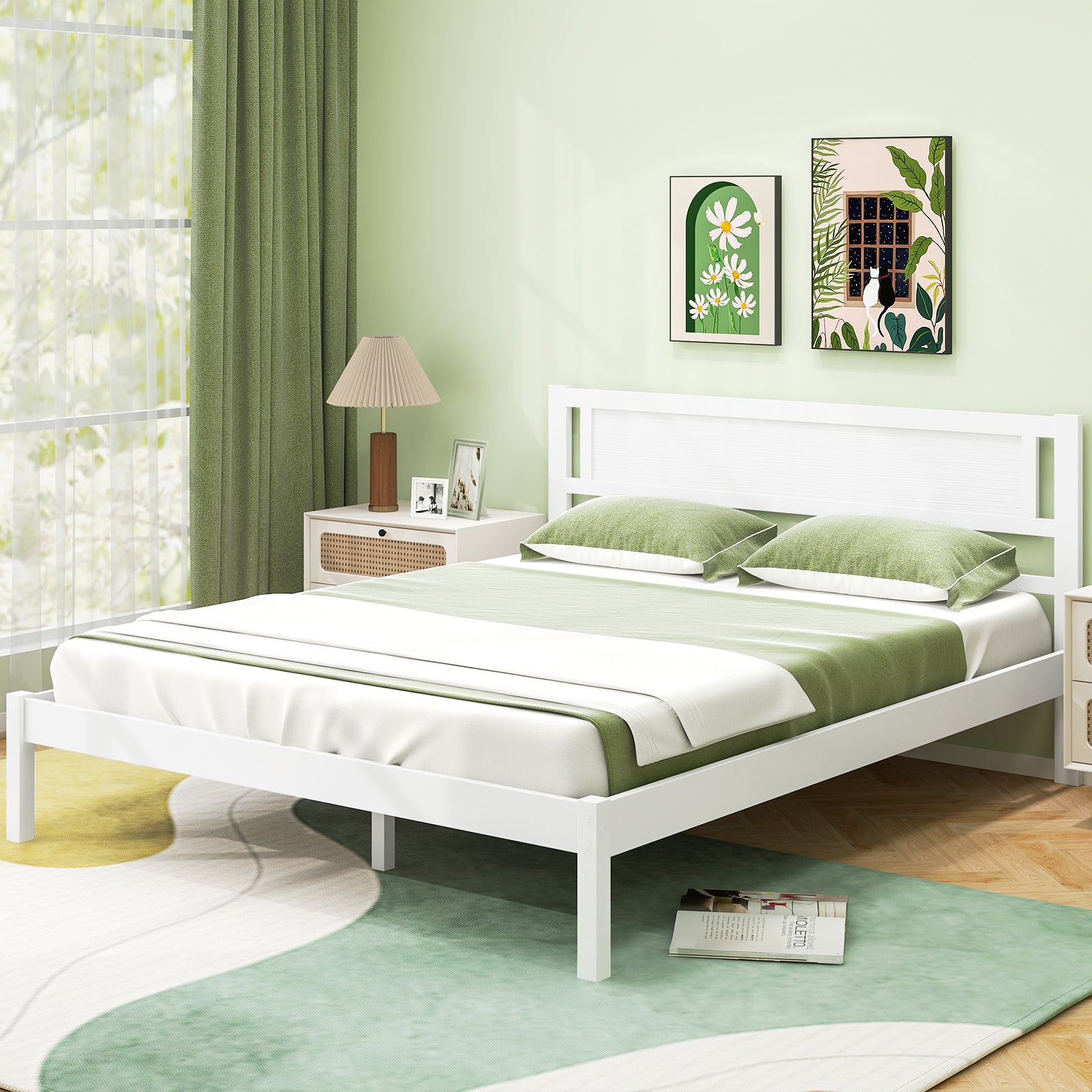 Twin/Full/Queen Size Wood Bed Frame with Headboard and Wooden Slats Support-Queen, White Simple Bed Frame at Gallery Canada