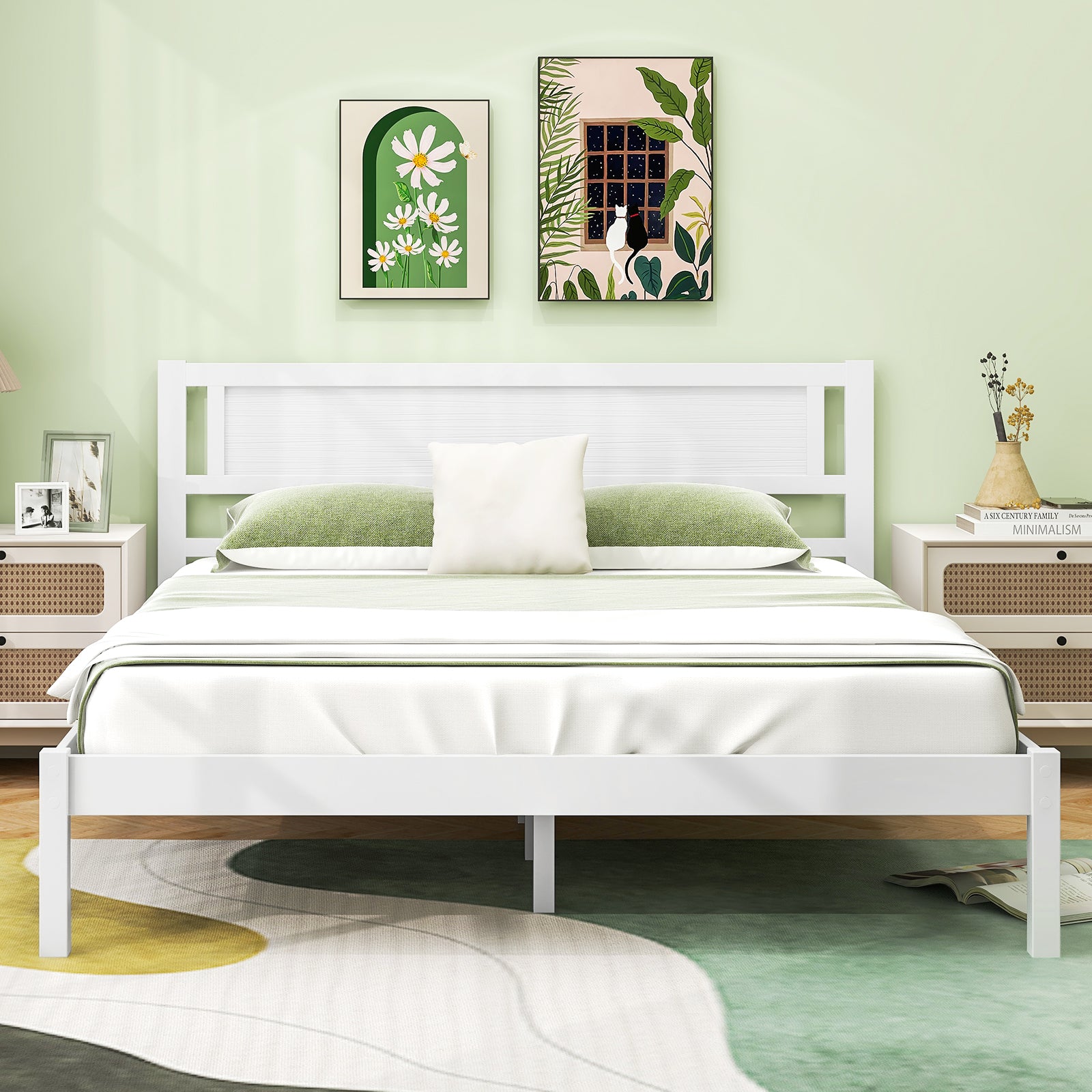 Twin/Full/Queen Size Wood Bed Frame with Headboard and Wooden Slats Support-Queen, White Simple Bed Frame at Gallery Canada